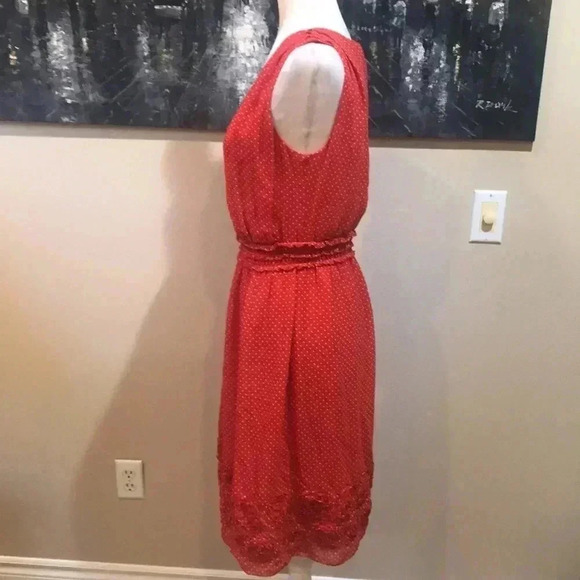 Max Studio Mini Polka Dot Ruffled Elastic Waist w/Flowers along Hem Midi Dress-M - Picture 3 of 10